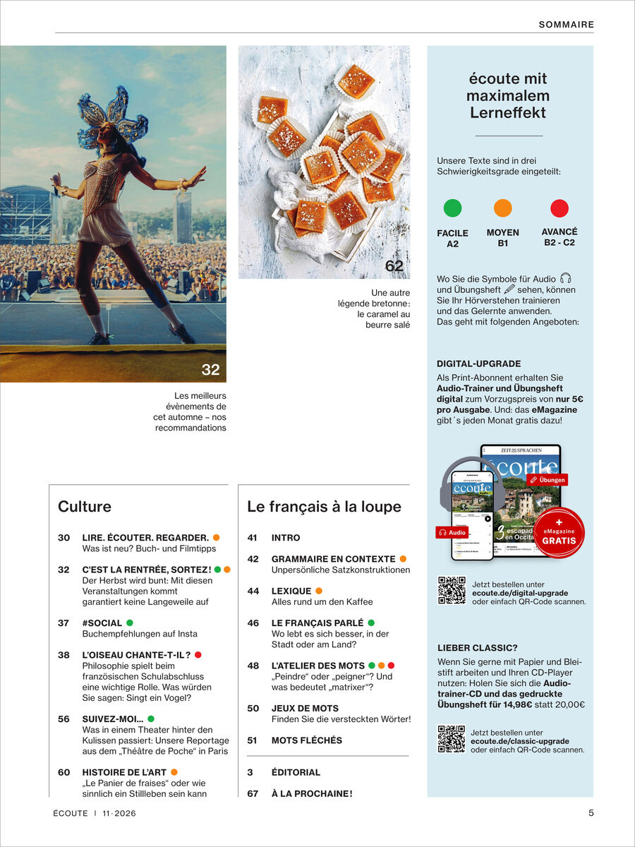 Titelseite des Écoute Magazins 11/2026 von Spotlight Verlag. Zu sehen sind eine kostümierte Frau auf einer Bühne, französisches Gebäck und eine Übersicht der Inhalte zu französischer Kultur und Sprache. Farben sind überwiegend blau, weiß, orange und grau.