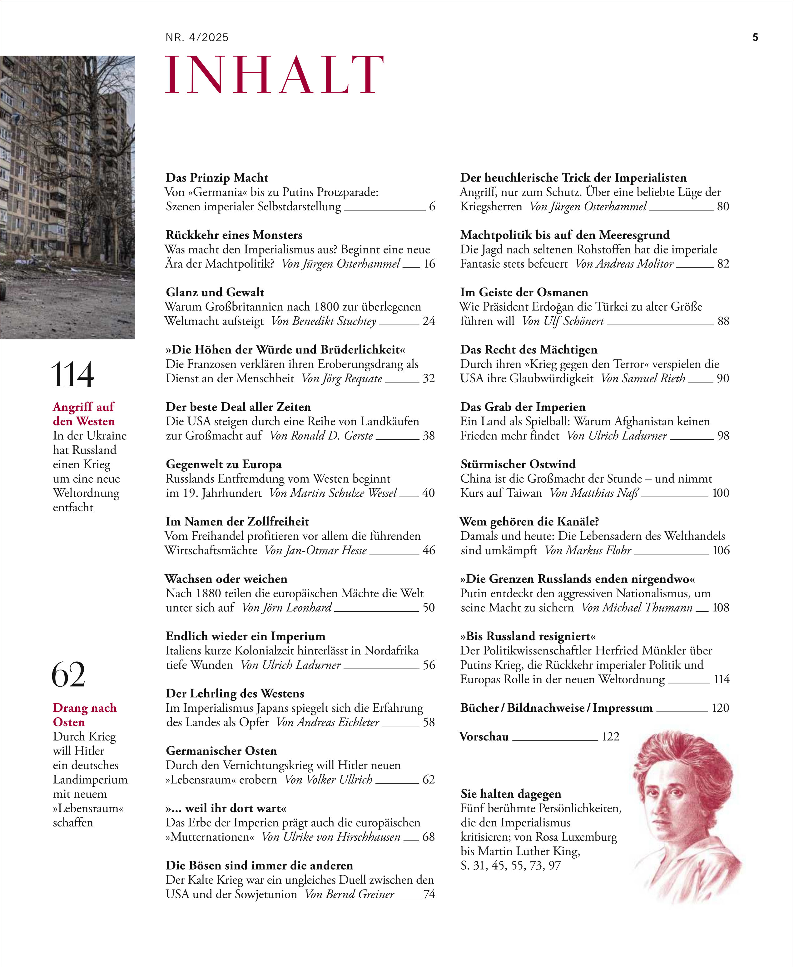 Titelblatt und Inhaltsverzeichnis einer Ausgabe der Zeitschrift 'ZEIT GESCHICHTE 4/25' mit Schwerpunkt auf dem Thema Imperialismus. Das Layout zeigt ein schwarz-weißes Foto einer Steinmauer auf der linken Seite, roten und schwarzen Text sowie eine kleine historische Porträtzeichnung. Die Themenüberschriften, Artikel und entsprechende Seitenzahlen heben historische, politische und gesellschaftliche Aspekte des Imperialismus hervor.