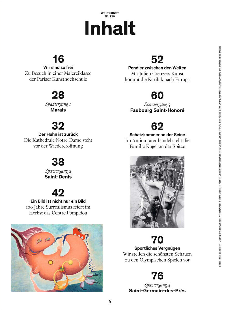Vorderseite des Inhaltsverzeichnis von WELTKUNST Heft 229/24 Sonderheft Paris. Die Seiten sind in Schwarz-Weiß mit einigen farbigen Abbildungen gestaltet. Auflistung von Themen und Seitenzahlen, darunter ein Bild eines gemalten roten Löwen und Text über Künstler und Kunstspaziergänge in Paris.
