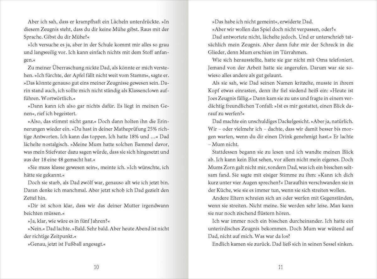 Buchseite des Kinderbuchs 'Wie man seinen Papa aktualisiert' von Pete Johnson. Der Text auf der Seite beschreibt humorvoll Situationen zwischen einem Kind und seinem Vater.