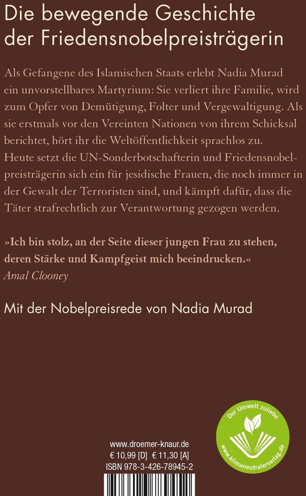 Der Buchumschlag von Nadia Murads Autobiografie 'Ich bin Eure Stimme' zeigt den Titel und einen Erläuterungstext in weißer Schrift auf einem dunkelbraunen Hintergrund. Unten rechts ist das Logo des Verlags sowie der ISBN-Code und Preis des Buches zu sehen.