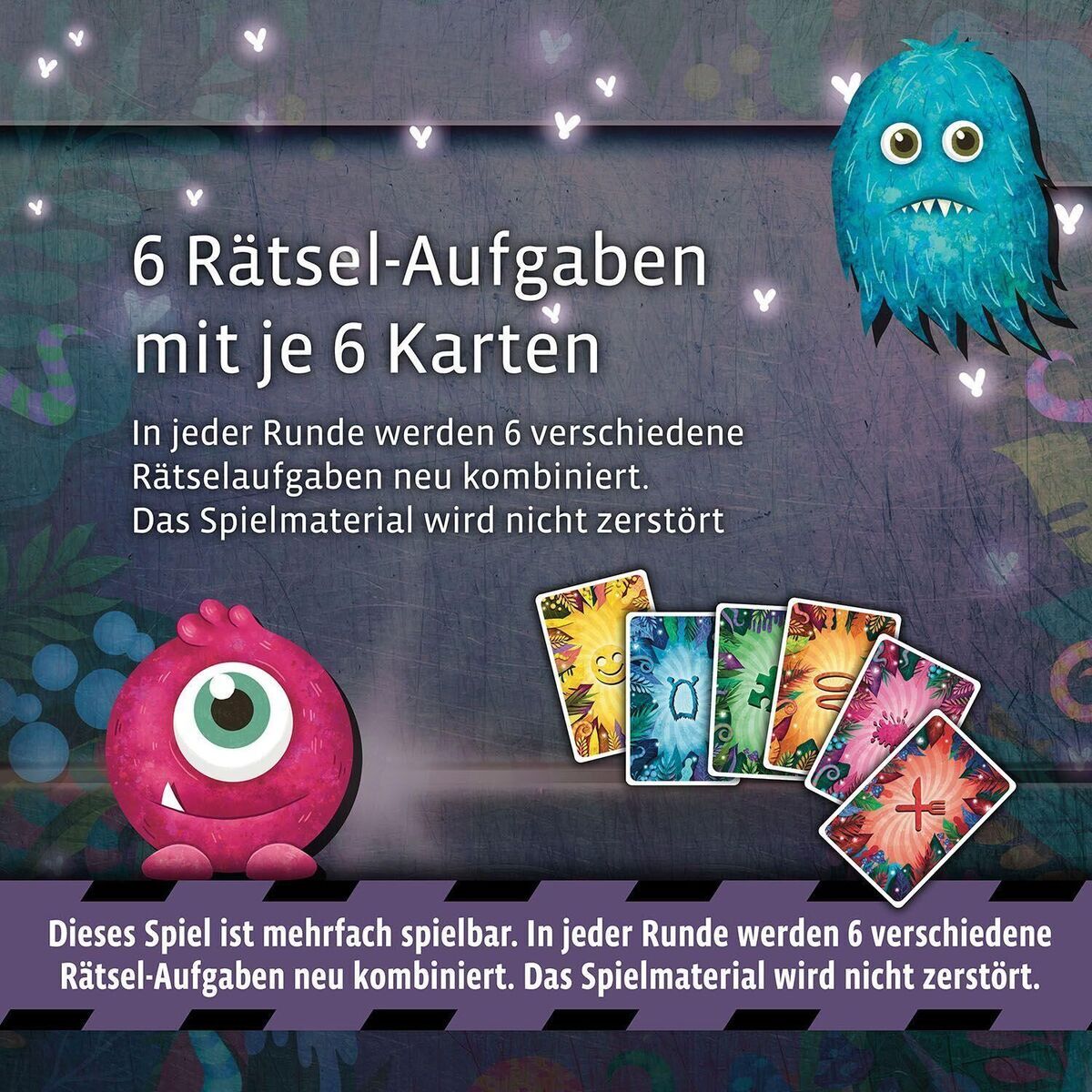 Spielbox von EXIT® - Das Spiel - Kids: Monstermäßiger Rätselspaß. Enthält bunte Monsterillustrationen und Karten mit verschiedenen Mustern. Der Text beschreibt das Spiel als wiederholbar mit 6 Rätselaufgaben pro Runde und nicht zerstörbarem Spielmaterial.