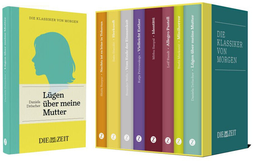 Buchschuber mit sieben farbigen Bänden der ZEIT-Edition »Die Klassiker von morgen« von DIE ZEIT. Vorn das Buch »Lügen über meine Mutter« von Daniela Dröscher in Gelb und Türkis, die weiteren Buchrücken in Orange, Lila, Grün und Türkis, gestaltet im modernen Design.