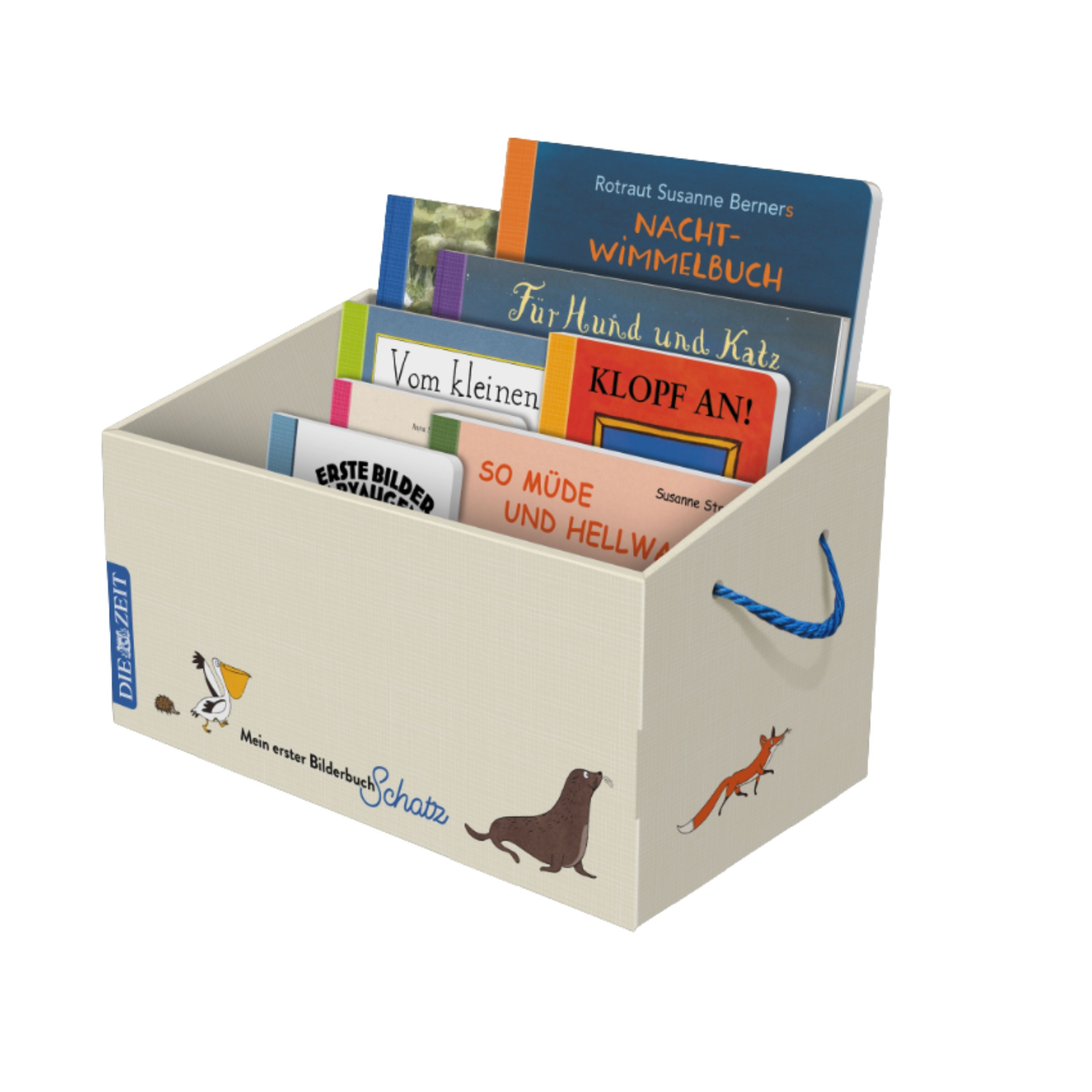 Stabile beige Bücherkiste mit blauen Tragegriffen, verziert mit Tiermotiven und dem ZEIT-Edition Logo, gefüllt mit acht farbigen Bilder- und Pappbüchern, darunter Titel wie „Nacht-Wimmelbuch“, „Für Hund und Katz ist auch noch Platz“, „So müde und hellwach“. Ideal für Kinder von 0 bis 5 Jahren.