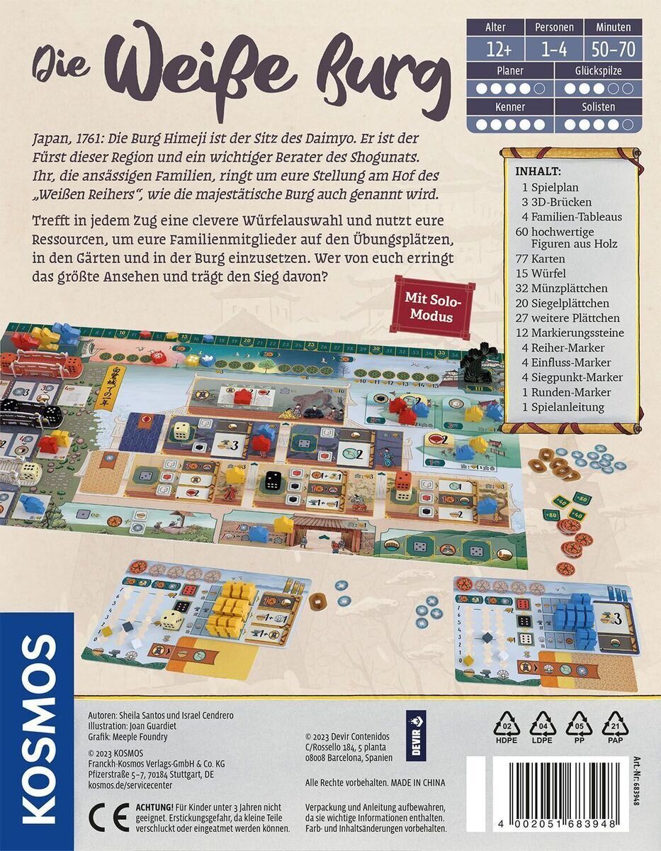 Rückseite des Brettspiels 'Die Weiße Burg' von Kosmos mit Informationen zum Spiel, Altersangabe, Spieleranzahl und Solo-Modus.