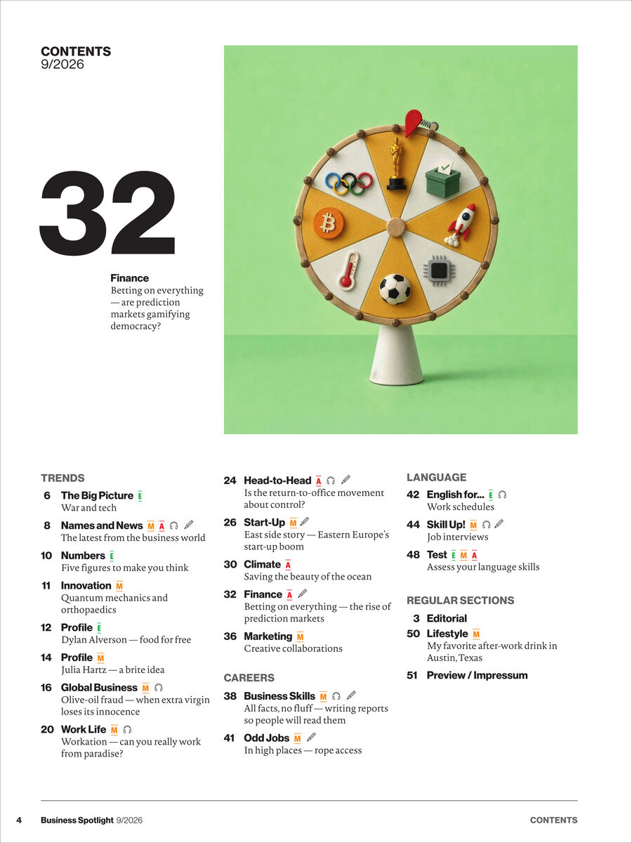 Detailliertes Inhaltsverzeichnis des Business Spotlight Magazin 9/2026 vor weißem Hintergrund. Im Zentrum ein Glücksrad mit Symbolen wie Bitcoin, Fußball, Geldscheine, Schiff und Lupe. Große Zahl 32 und Themen rund um Finanzen, Karriere und Sprache.