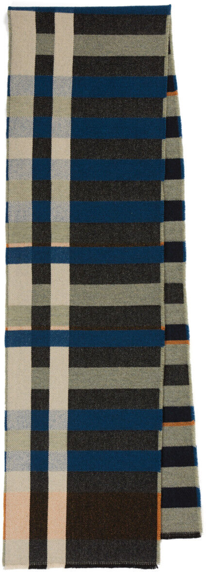 Schal oder Wrap im Bauhaus-Design von Stölzl mit einem geometrischen Streifenmuster und einer Farbkombination aus Blau, Schwarz, Grau, Beige, Weiß und Orange.