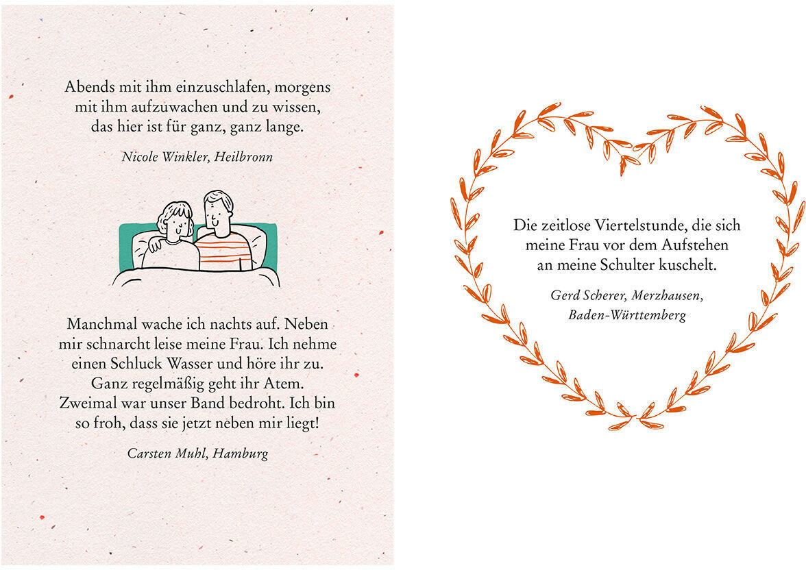 Bilder von Zitaten aus dem Buch 'Was mein Leben reicher macht »Liebe«'. Eine Illustration zeigt ein Pärchen. Ein Herz aus orangefarbenen Blättern umrahmt einen Zitattext.
