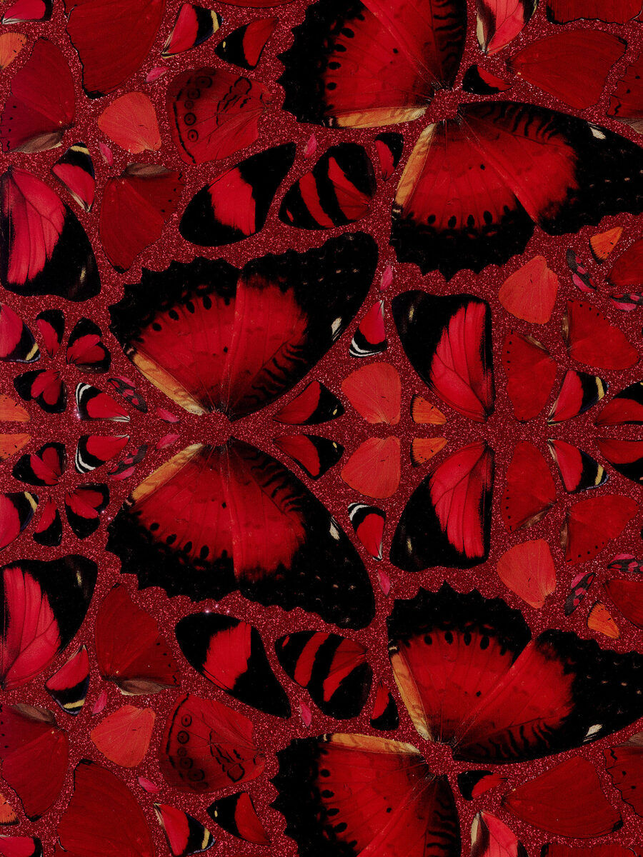 Abstraktes Kunstwerk von Damien Hirst mit einer Collage roter und schwarzer Schmetterlinge auf rotem Hintergrund, Titel »Nūr Jahān« (The Empresses, H10-02), aus dem Jahr 2022.