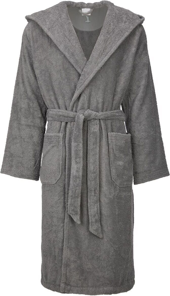 Ein grauer ZEIT-Bademantel mit Kapuze. Er hat zwei aufgesetzte Taschen und einen Gürtel, der um die Taille gebunden ist. Das Material wirkt weich und kuschelig.