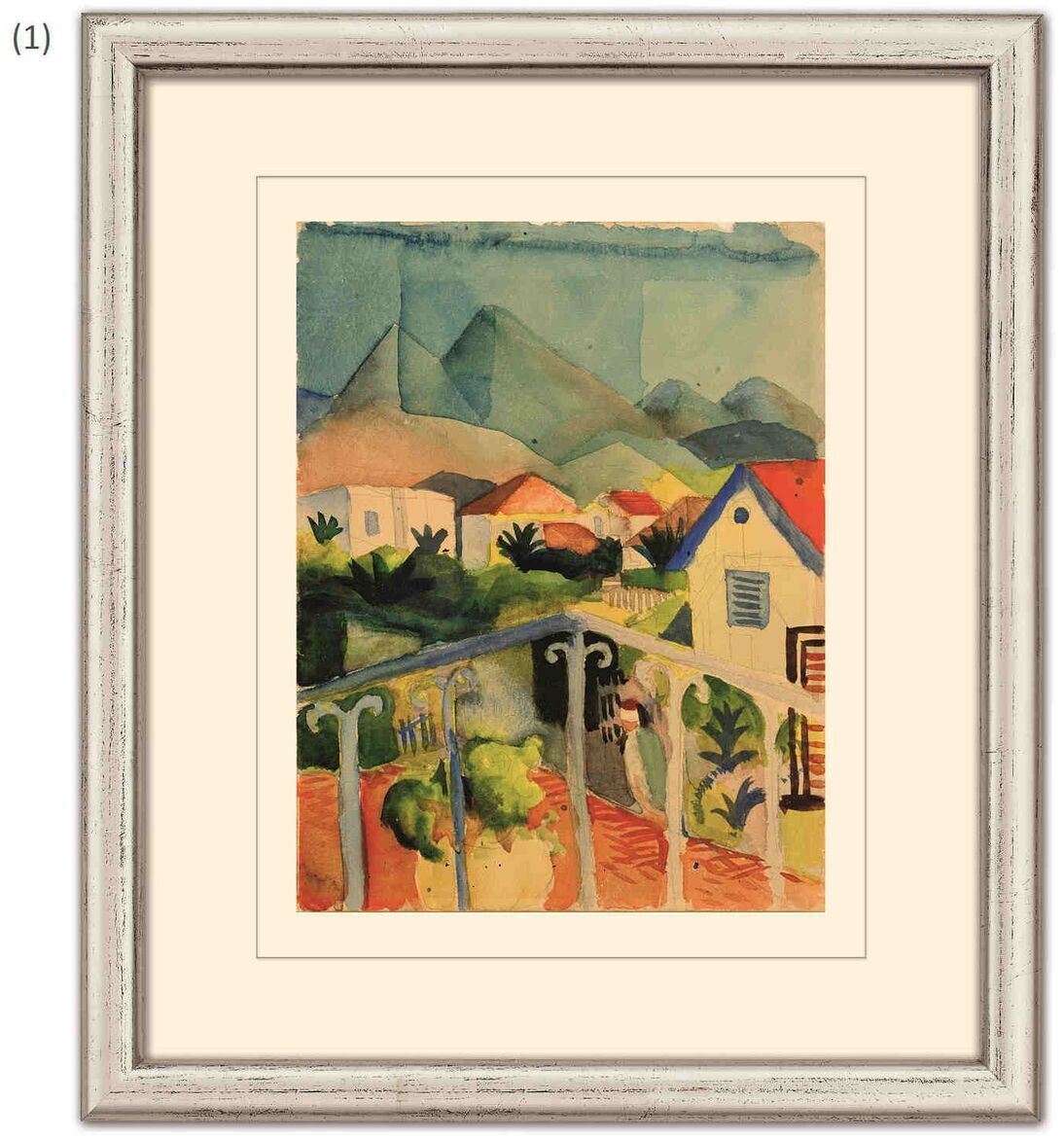 Ein Gemälde von August Macke zeigt eine Landschaft mit Häuschen, Balkonen und Bergen im Hintergrund. Das Bild zeichnet sich durch blaue, grüne, rote, beige und weiße Farbtöne aus und ist in einem gerahmten Set aus drei Kunstwerken erhältlich.