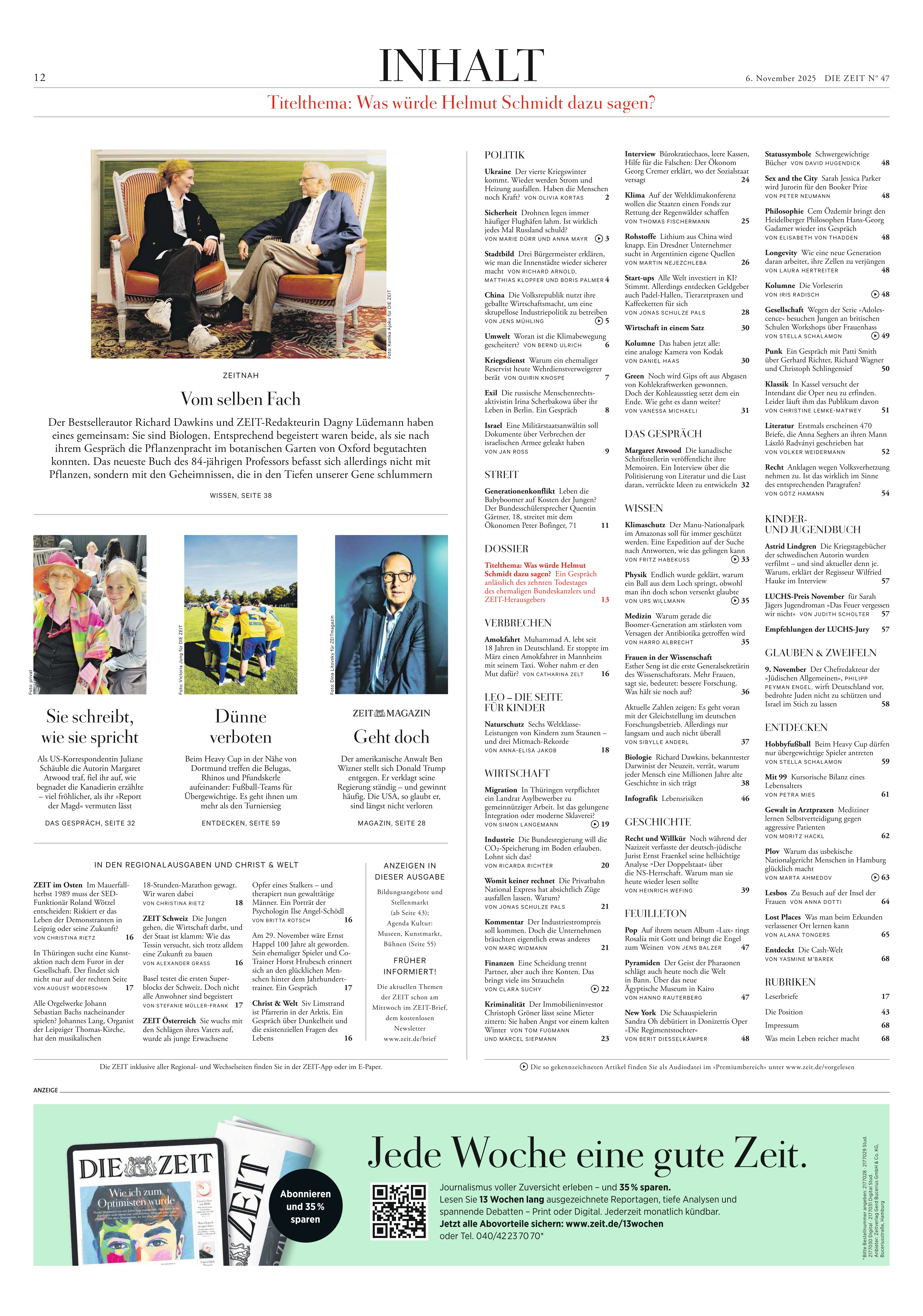 Titelseite der Wochenzeitung DIE ZEIT Ausgabe 47/2025 mit Inhaltsverzeichnis, Bildern von prominenten Persönlichkeiten im Interview und einer strukturierten Spaltenaufteilung. Das Layout ist klar gegliedert mit Überschriften und kurzen Beschreibungstexten der jeweiligen Artikel.