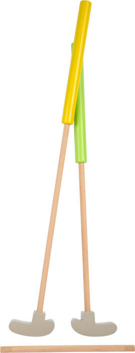 Ein Minigolf-Set mit zwei Schlägern in Gelb und Grün sowie ein Holzstab und ein weiteres Zubehörteil. Geeignet für Outdoor-Aktivitäten und Kindern.