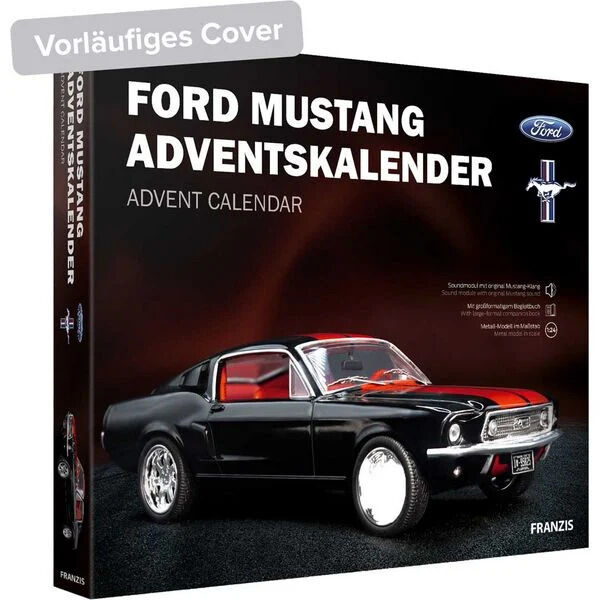 Die Abbildung zeigt die Verpackung des FRANZIS 67965 Ford Mustang Adventskalenders im Maßstab 1:43. Auf schwarzem Hintergrund ist ein detailliertes Modellauto eines klassischen schwarzen Ford Mustang mit roten Akzenten abgebildet. Die Schrift ist klar und weiß.