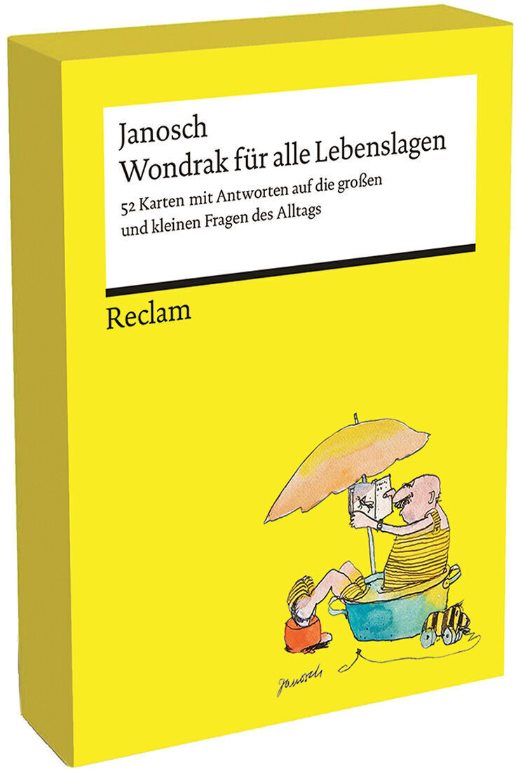 Die Kartenbox mit dem Titel »Wondrak für alle Lebenslagen« von Janosch ist im charakteristischen Reclam-Gelb gestaltet. Auf dem Cover sitzt ein gezeichneter Bär unter einem gelben Regenschirm und liest ein Buch. Die Box enthält 52 Karten mit Antworten auf alltägliche Fragen.