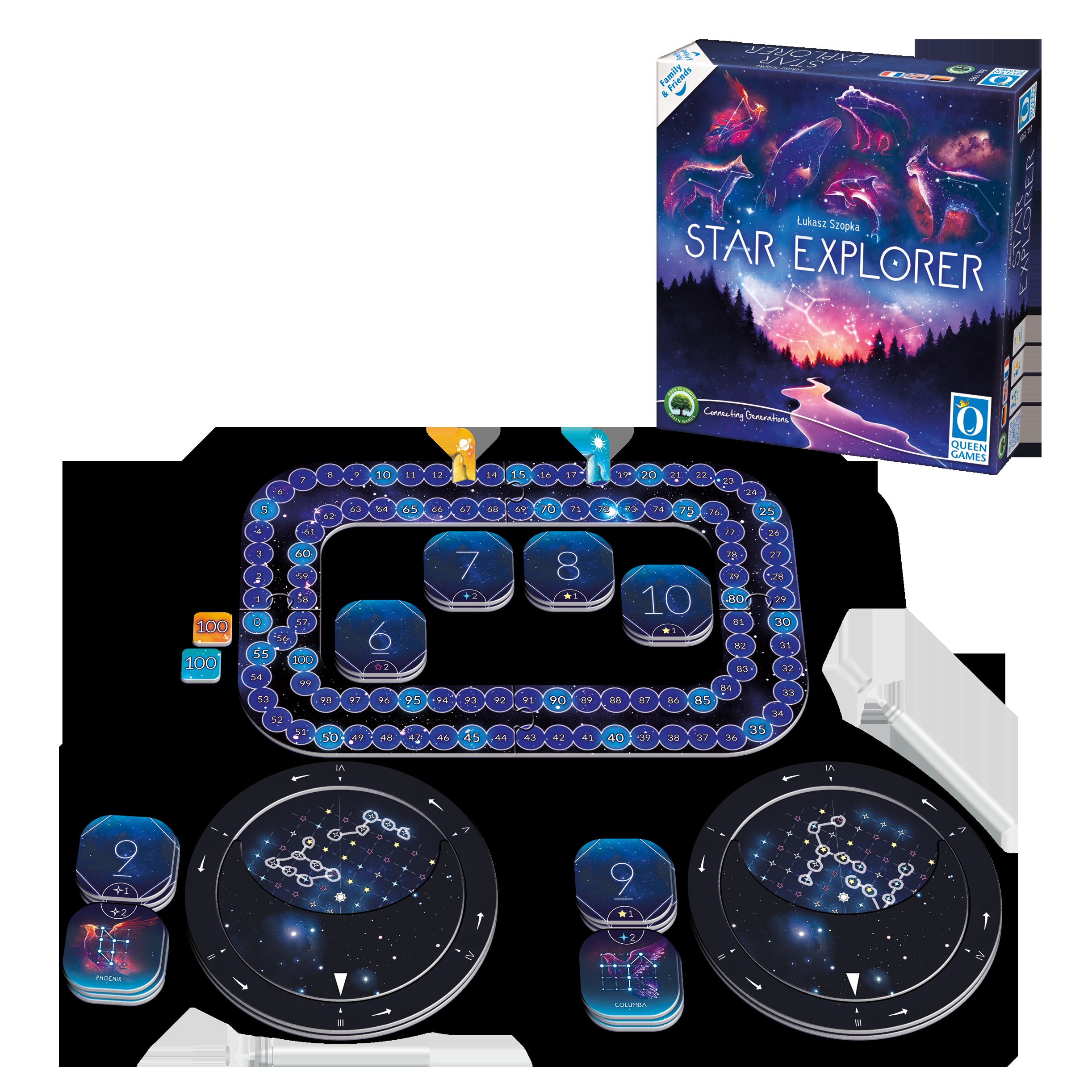 Fotografie des Brettspiels »Star Explorer« mit einem dekorativen Spielbrett, Karten, Spielmaterialien und dem Spielkarton, der ein galaktisches Sternenmotiv zeigt. Das Spiel ist auf Sternbilder und Astronomie ausgelegt und eignet sich für Familien und Freunde ab 9 Jahren.