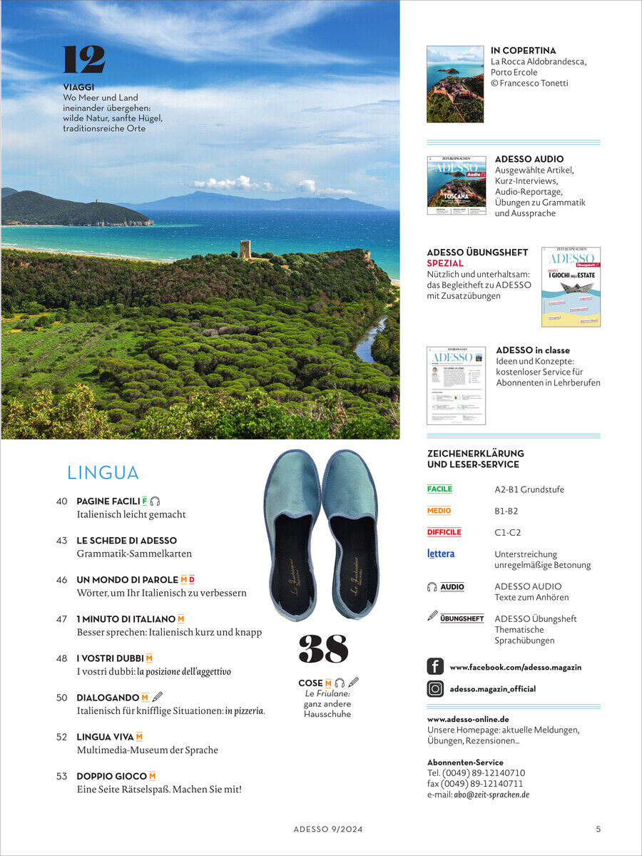 Adesso Magazin 09/2024 zeigt eine Titelseite mit einer Küstenlandschaft, Artikeln zu Italien, und einem Paar Schuhe. Verschiedene Themen und Artikel sind sichtbar.