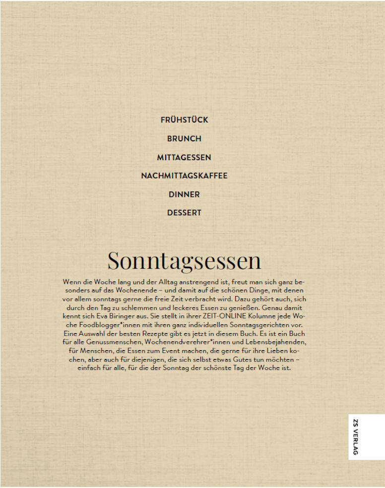 Das Kochbuch »Sonntagsessen« zeigt in minimalistischer Darstellung die verschiedenen Mahlzeiten wie Frühstück, Brunch, Mittagessen, Nachmittagskaffee, Dinner und Dessert. Der beige Hintergrund und der schwarze Text vermitteln einen eleganten und schlichten Stil.
