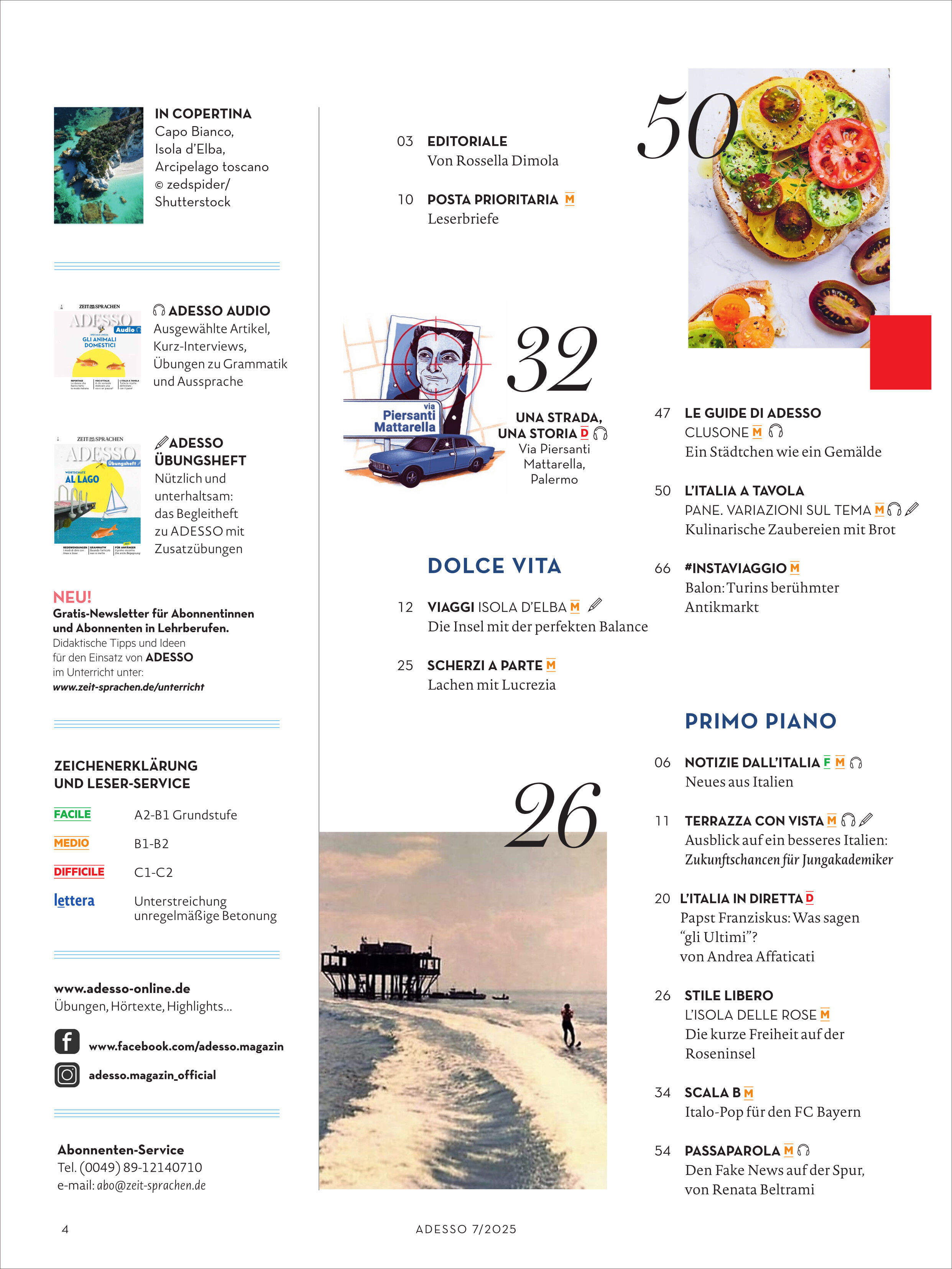 Cover des Adesso Magazins 7/2025 mit verschiedenen Artikeln und Bildern zu den Themen italienische Kultur, Sprache und Lifestyle. Enthält Inhalte zu Essen, Reisen und Kunst mit einer strukturierten Gliederung und visuell ansprechenden Grafiken und Bildern.