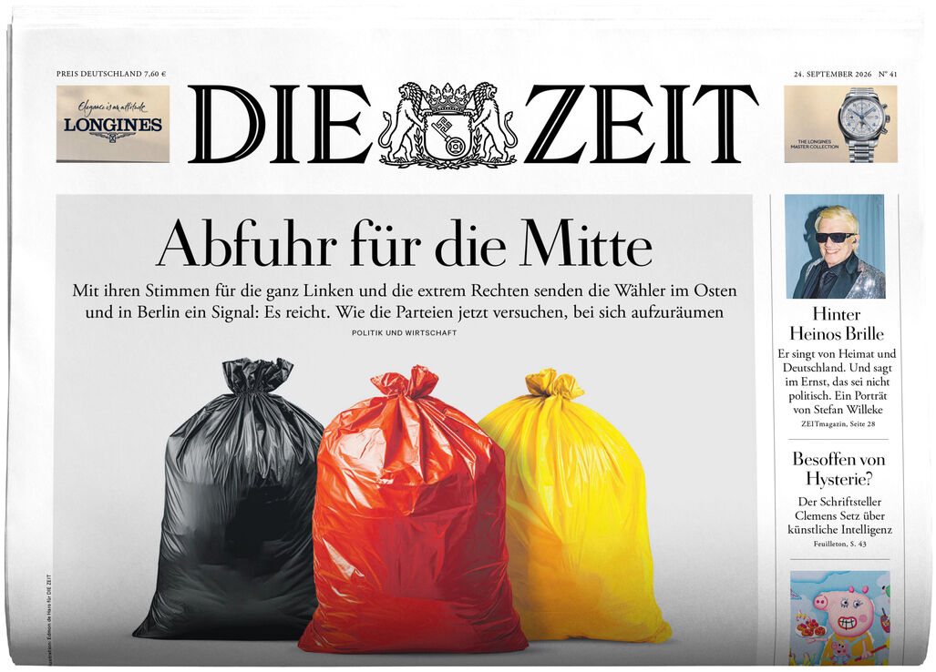 Titelblatt der Zeitung DIE ZEIT 41/2026. Im Zentrum sind drei Müllsäcke in Schwarz, Rot und Gelb, auf grauem Boden vor hellem Hintergrund. Überschrift: 'Abfuhr für die Mitte'. Rechts ein kleiner Porträtartikel und unten Werbung für ein Kinderbuch.