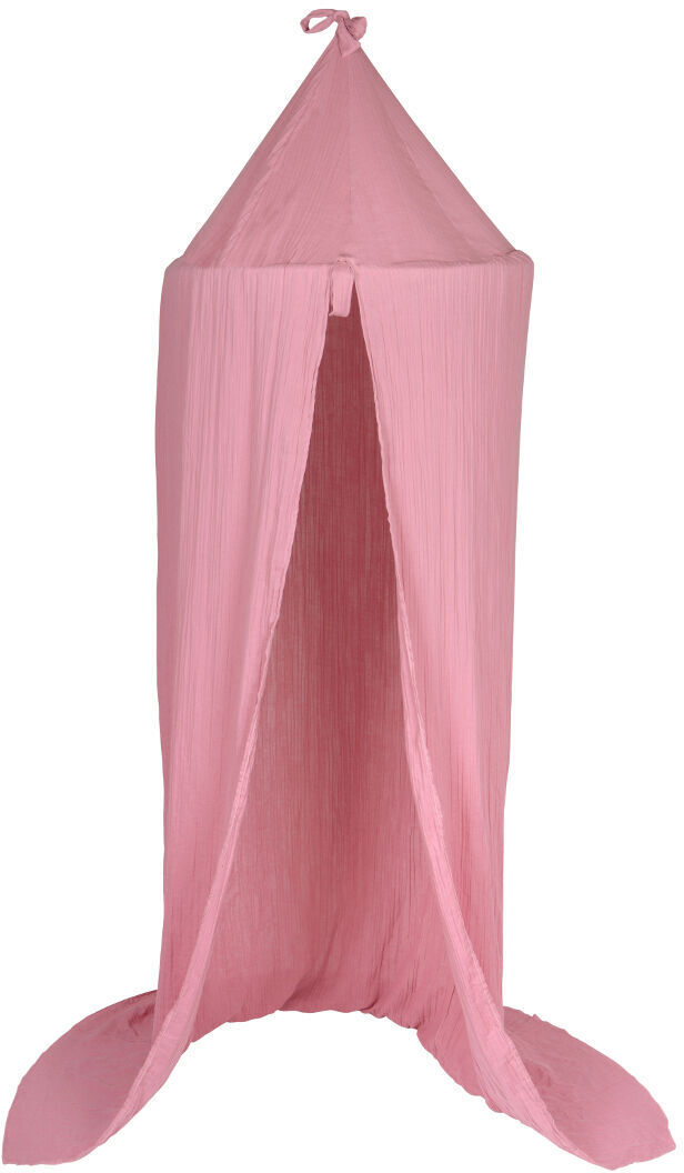 Ein rosa Kinderbetthimmel mit Spitze, der von der Decke hängt und einen gemütlichen Rückzugsort im Kinderzimmer schafft. Ideal für Mädchenzimmer als romantische Dekorationsidee.