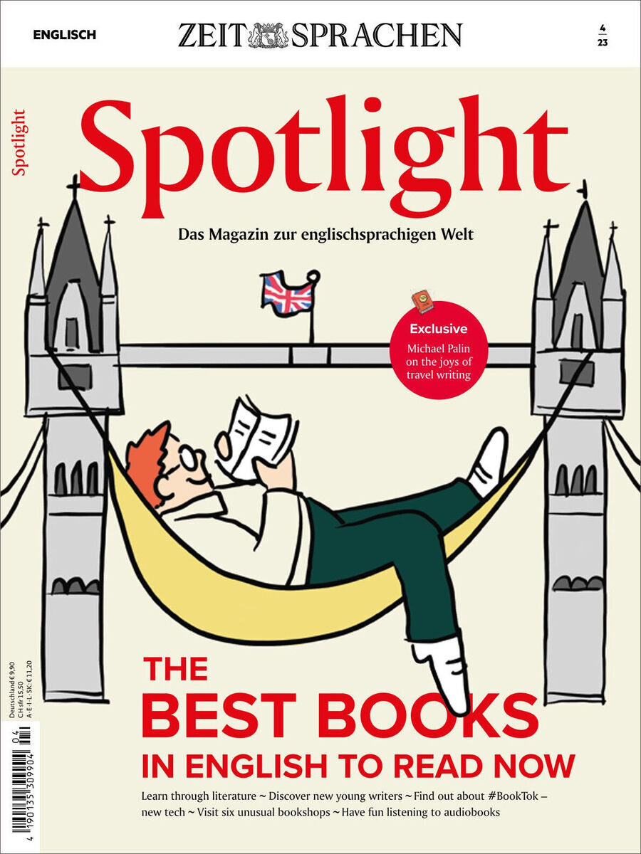 Das Titelblatt der Sonderausgabe des Spotlight Magazins 04/2023 zeigt eine Illustration von einem Mann in einer gelben Hängematte, der ein Buch liest. Im Hintergrund ist der Tower Bridge zu sehen, und der Magazin-Titel sowie weitere Texte sind in roter Schrift auf weißem Hintergrund geschrieben.