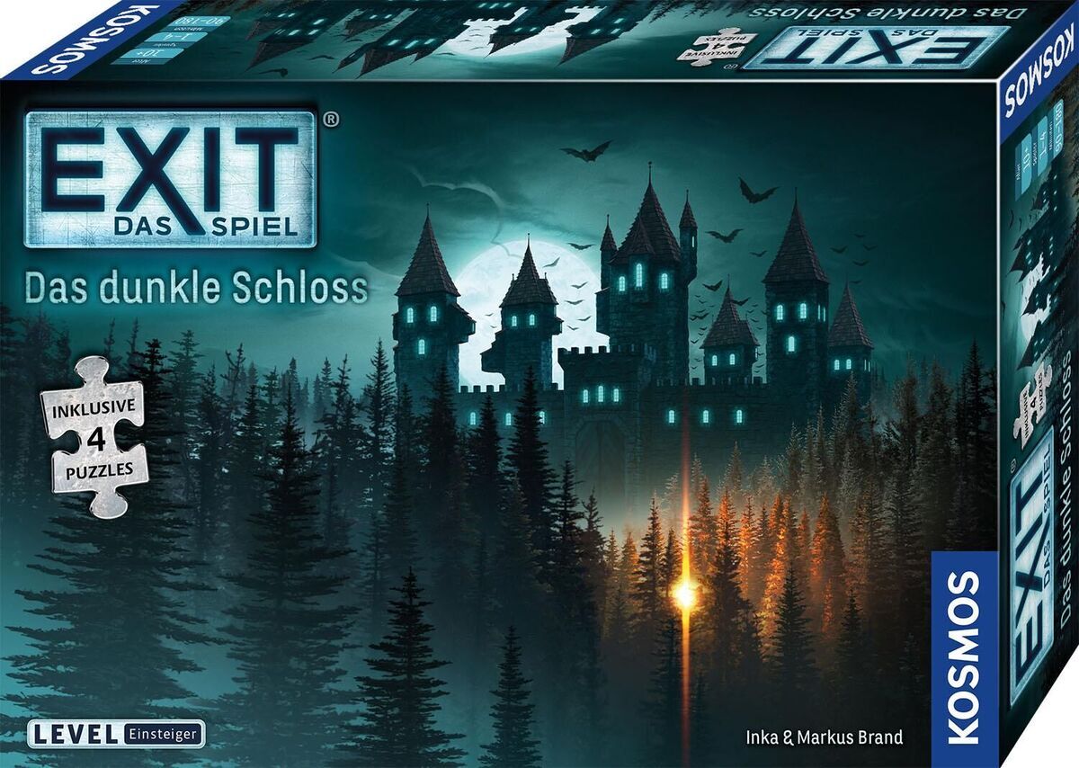 Die Verpackung des Spiels 'EXIT® - Das Spiel + Puzzle: Das dunkle Schloss' zeigt ein bedrohlich wirkendes, dunkles Schloss, umgeben von einem geheimnisvollen Wald. Im Vordergrund lodert ein Feuer. Das Spiel ist von Kosmos und für Anfänger geeignet.