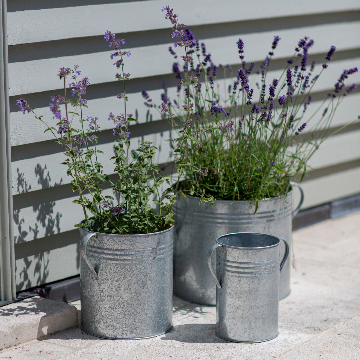 Drei Pflanztöpfe aus verzinktem Stahl, mit Lavendel und anderen Pflanzen gefüllt, stehen vor einer weißlichen, horizontalen Holzvertäfelung auf einer Terrasse. Die Töpfe haben eine rustikale Optik und fügen sich harmonisch in die Garten- und Balkondekoration ein.