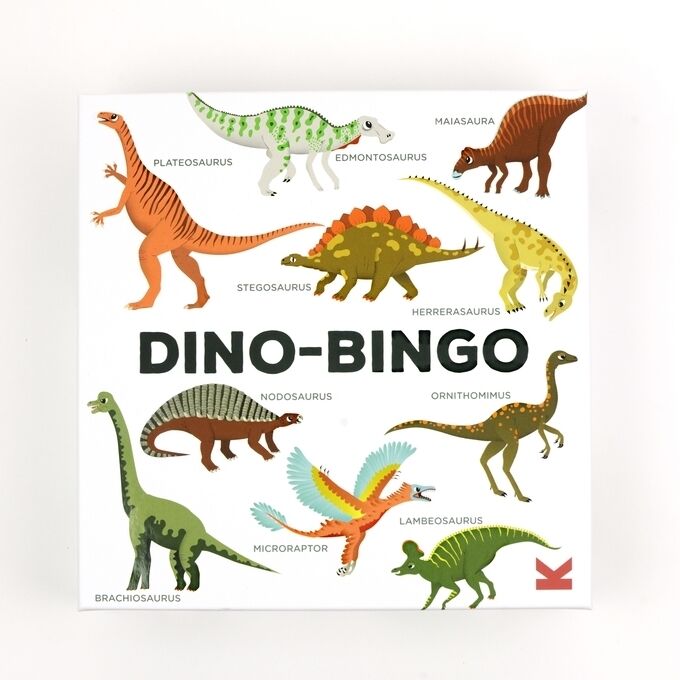 Spielverpackung von 'Dino-Bingo' mit Illustrationen verschiedener Dinosaurier auf weißem Hintergrund.