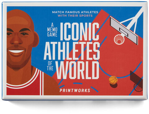 Memospiel »Ikonische Athleten« in einer farbenfrohen Verpackung. Auf der Vorderseite sind ein stilisierter Basketballspieler, ein Basketballkorb und der Titel des Spiels zu sehen: 'Iconic Athletes of the World'.
