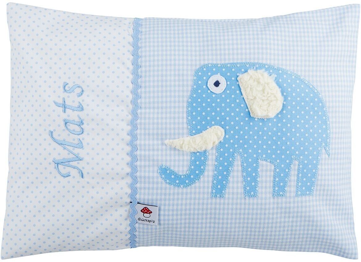 Personalisiertes Namenskissen mit einem blauen Elefanten und dem Namen 'Mats'. Das Kissen hat weiße Punkte und ist in Blau und Weiß gestaltet.
