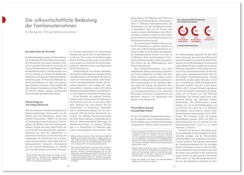 Seitenansicht des Buches 'Lexikon der deutschen Familienunternehmen' mit Text und Diagrammen auf einer geöffneten Doppelseite.
