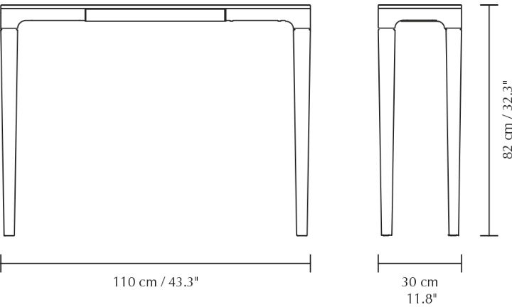 Technische Zeichnung der Konsole »Heart'n'Soul« von Umage in frontaler und seitlicher Ansicht. Maße: 110 cm breit, 30 cm tief, 82 cm hoch. Minimalistisches, elegantes Design mit klaren Linien, geeignet für Flur oder Wohnzimmer. Maße in cm und Zoll angegeben.