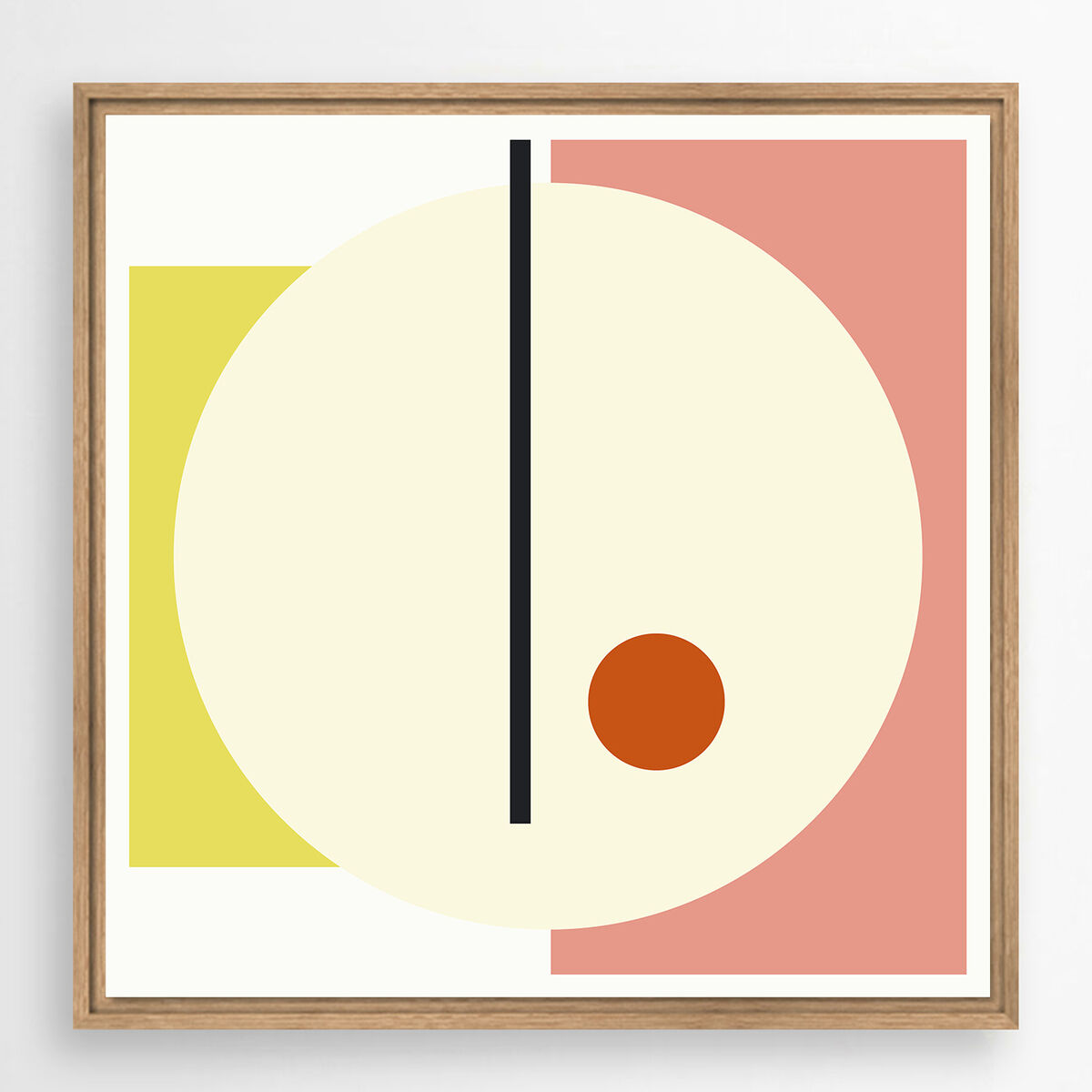Abstraktes Leinwandbild mit geometrischen Formen in Creme, Gelb und Rosa. Das Motiv zeigt einen großen Kreis, einen vertikalen schwarzen Strich, ein gelbes Rechteck links, ein rosafarbenes Rechteck rechts und einen kleinen roten Kreis, alle auf weißem Hintergrund und eingerahmt in einen Holzrahmen.