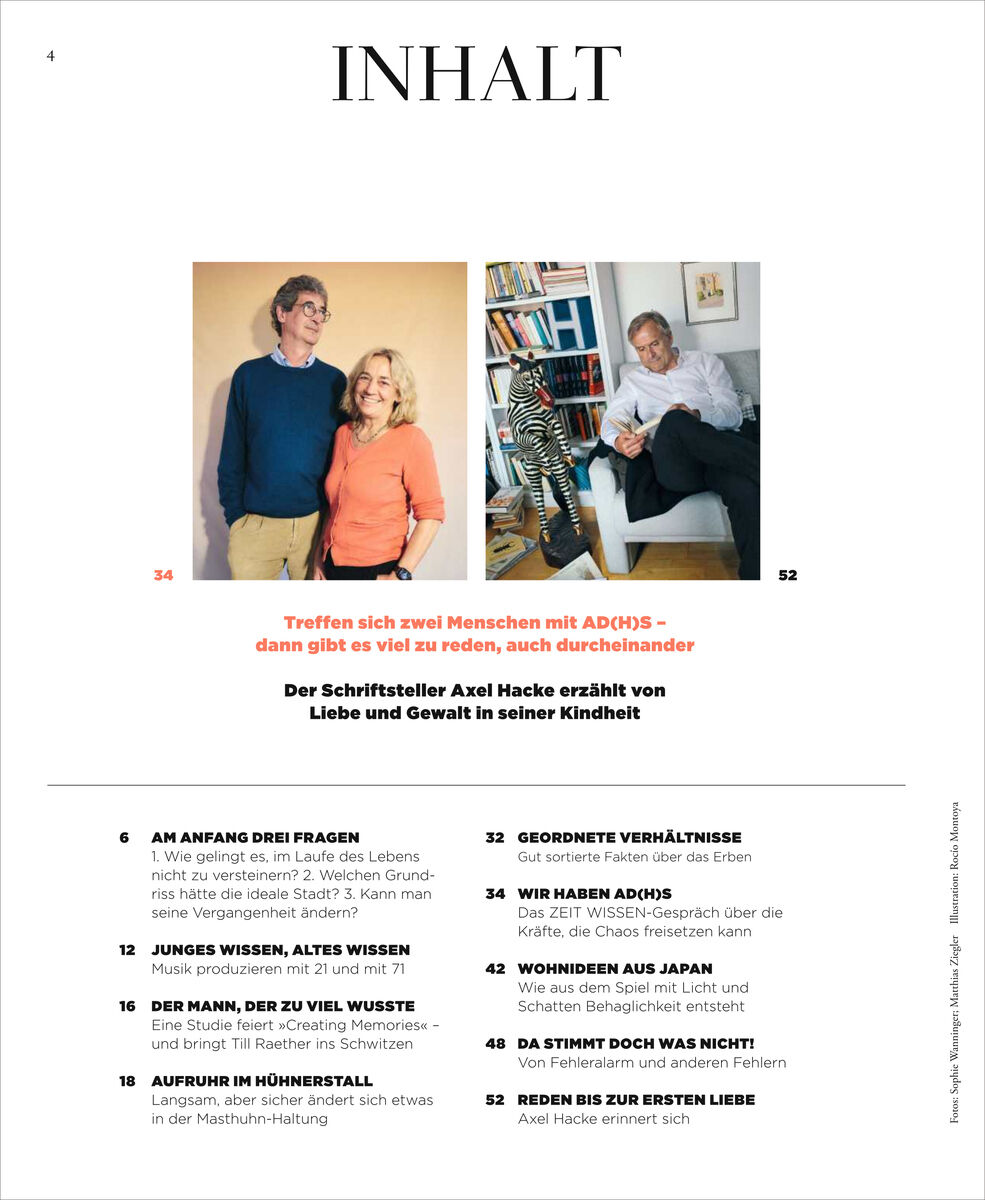 Detailliertes Inhaltsverzeichnis von ZEIT WISSEN 3/26 mit Titel „INHALT“, zwei Farbfotos von Menschen im Gespräch, darunter eine Liste der Artikelthemen, wie ADHS, Psychologie, Reisen, Geschichte und Tipps, auf weißem Hintergrund mit schwarzem und rotem Text.