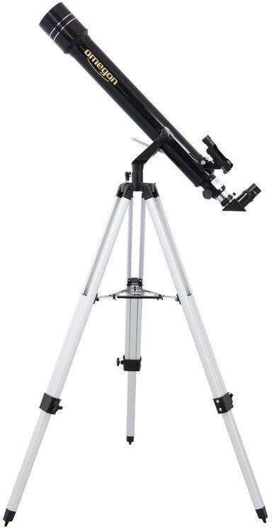 Das Teleskop »Omegon« AC 70/700 AZ-2 ist ein schwarzes optisches Werkzeug auf einem silbernen Stativ, das für Hobbyastronomen und Sternbeobachtung geeignet ist.