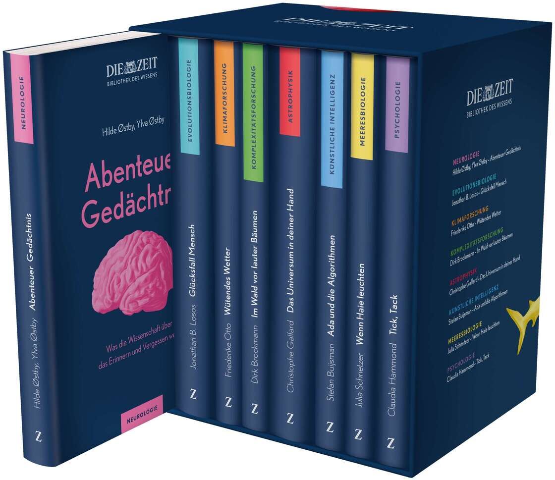 Bild der ZEIT-Edition »Bibliothek des Wissens«, bestehend aus einer Sammlung mehrerer Bücher mit farbig gestalteten Covern, die in einer blauen Box angeordnet sind. Ein einzelnes Buch ist hervorgehoben mit dem Titel 'Abenteuer Gedächtnis' in pink auf einem blauen Hintergrund.
