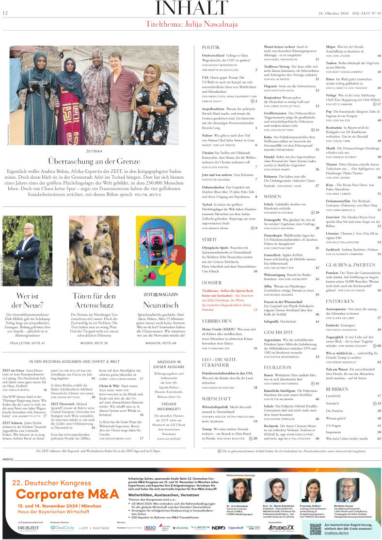 Titelseite der Zeitung DIE ZEIT 45/2024 mit einem Inhaltsverzeichnis und mehreren Artikelauszügen sowie Bildern. Die Seiten sind überwiegend weiß mit schwarzem Text und blauen Hervorhebungen.