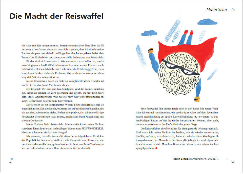 Offene Buchseite mit einer farbenfrohen Illustration eines hellblauen Körpers, der von einer großen, roten Umhänge z.B. superheldenartig bedeckt ist. Es gibt auch Textabsätze in deutscher Sprache, die Geschichten und Konzepte rund um Kindheit und Lernen beschreiben. Über der Illustration ist der Name 'Malin Schu' zu lesen.