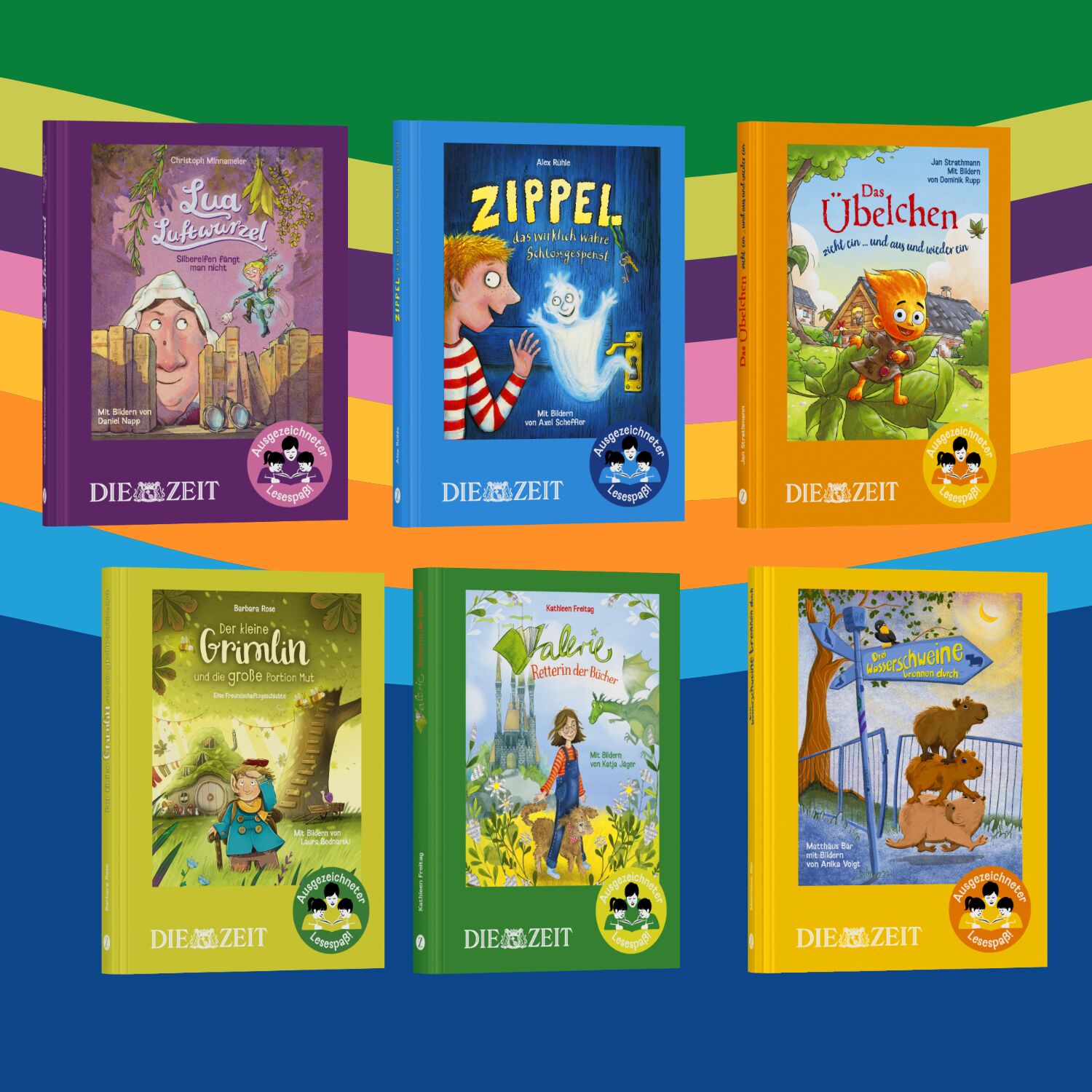Sechs farbenfrohe, nebeneinander angeordnete Kinderbuch-Cover der ZEIT-Edition »Ausgezeichneter Lesespaß!« mit fantasievollen Illustrationen: Ein Elf, ein Gespenst, eine humorvolle Gestalt, ein Wichtel, ein Mädchen mit Hund und drei Wasserschweine. Die Buchtitel und Autoren sind klar lesbar.