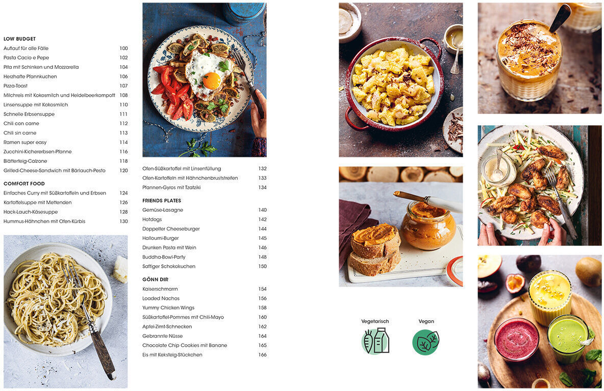 Kochbuch für Studierende mit dem Titel »Studieren, kochen, leben« zeigt verschiedene Gerichte und Zutaten. Die Bilder beinhalten Nudelgerichte, Suppen, Eintöpfe, Snacks und Getränke sowie die Inhaltsübersicht des Buches.