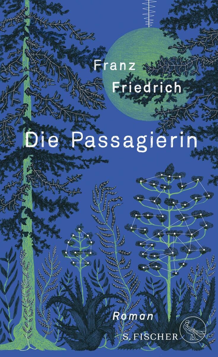 Buchcover des Romans 'Die Passagierin' von Franz Friedrich. Das Cover zeigt eine nächtliche Waldszene mit Bäumen, die im Vordergrund und Hintergrund stehen. Im Hintergrund ist ein großer Mond zu sehen, der in ein tiefes Blau getaucht ist. Einige Bäume und Pflanzen leuchten in einem neonartigen Grün, das an Glühwürmchen erinnert. Die Titel- und Autorenschrift ist in Weiß dargestellt.