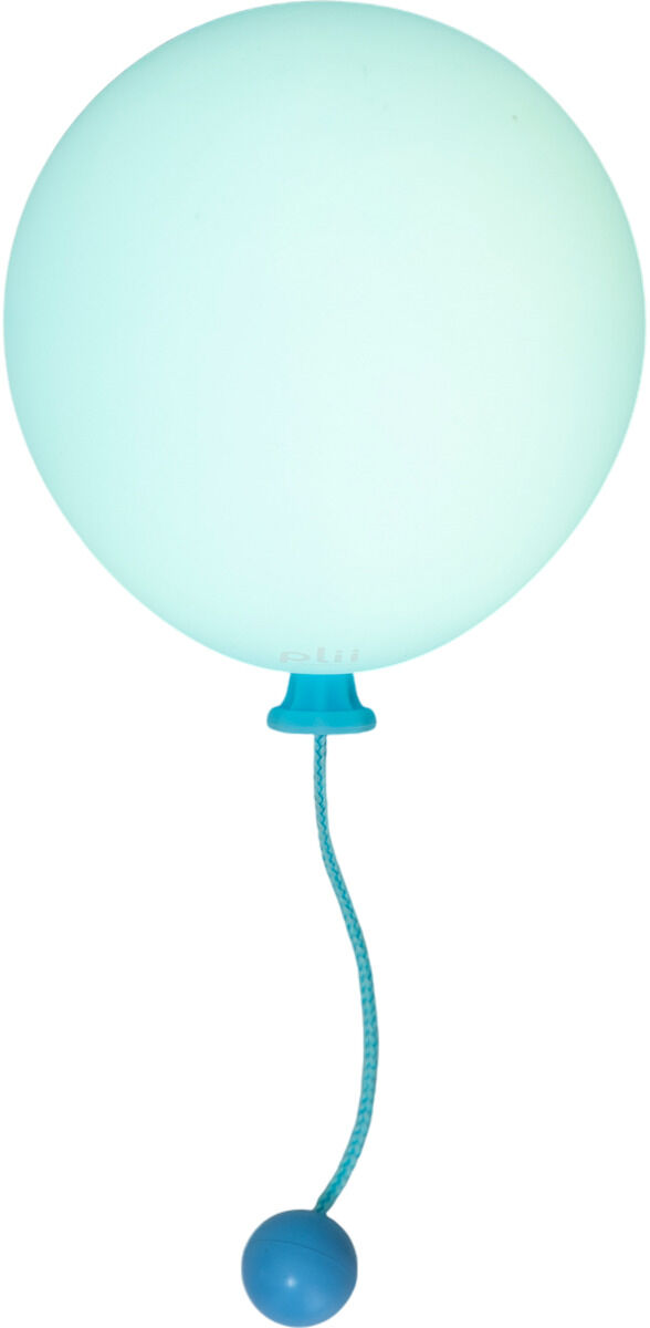 Freigestellte Produktansicht der Leuchte »Mimo Ballon« von Gingko Design: Ein großer, kugelrunder Ballon aus hellmintfarbenem, sanft leuchtendem Silikon sitzt oben. Am türkisfarbenen Ballonhals hängt eine gedrehte Schnur mit dunkelblauem, kugeligem Zugschalter. Weißer Hintergrund.