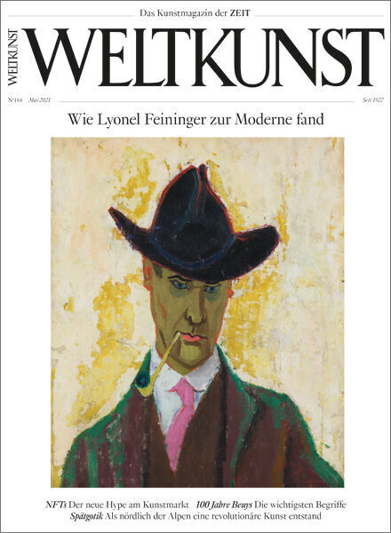 Das Cover der Ausgabe 184/21 des Kunstmagazins WELTKUNST zeigt ein Gemälde von Lyonel Feininger. Im Vordergrund ist ein Mann mit Hut dargestellt, der einen ernsten Gesichtsausdruck hat. Der Hintergrund des Bildes ist in hellen Farben gehalten. Oben steht der Titel 'WELTKUNST', darunter die Überschrift 'Wie Lyonel Feininger zur Moderne fand'.