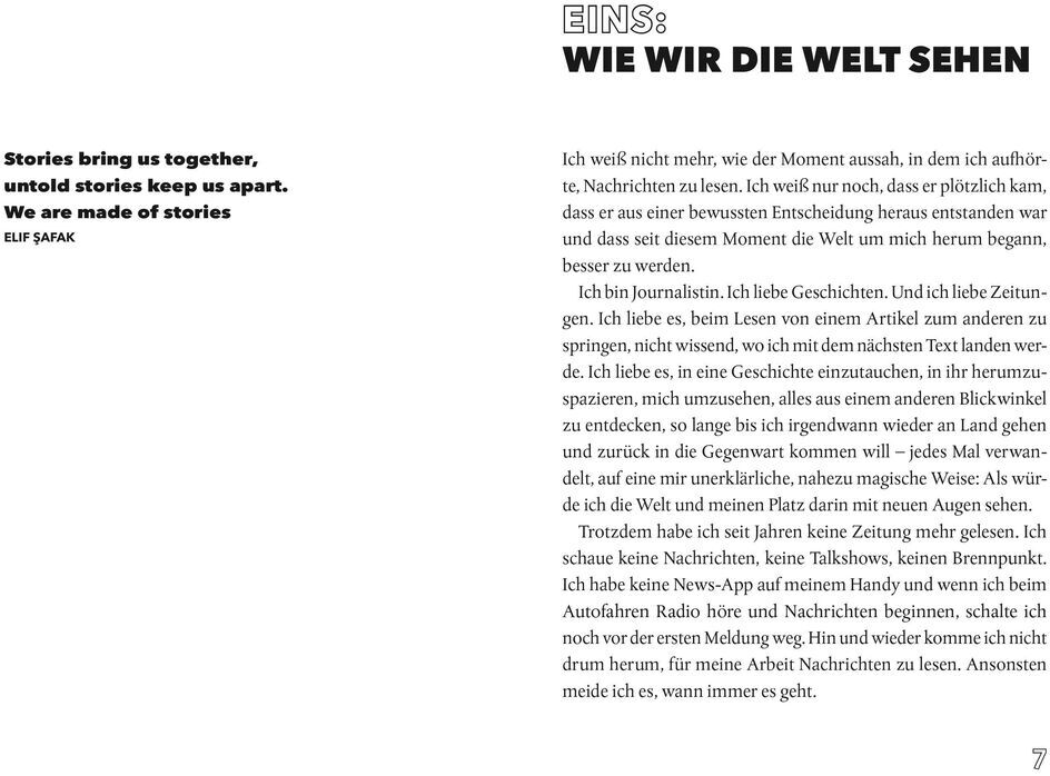 Eine Buchseite aus 'Wie wir die Welt sehen' von Ronja von Wurmb-Seibel. Der Titel des Kapitels ist 'EINS: WIE WIR DIE WELT SEHEN'. Auf der linken Seite steht ein Zitat in Englisch von Elif Shafak: 'Stories bring us together, untold stories keep us apart. We are made of stories.' Rechts daneben beginnt der Text des Buchkapitels.