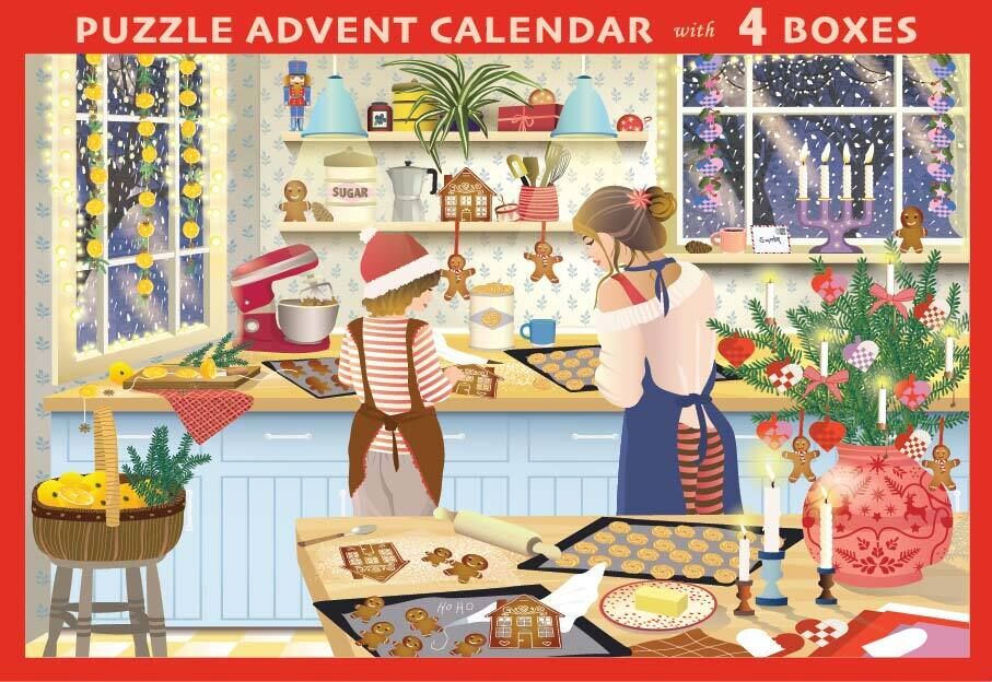 Illustration einer festlich geschmückten Küche im Winter: Zwei Personen backen Weihnachtsplätzchen vor einem Fenster mit Schneefall. Umgeben von Backutensilien, Dekoration, Christbaum und Adventskerzen. Auf dem Tisch liegen viele Plätzchen und ein Puzzle. Lebendige, warme Farben.