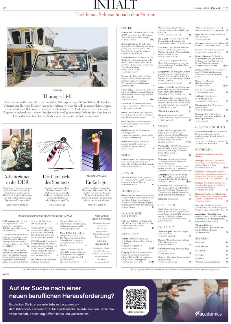Titelseite der Zeitung DIE ZEIT Ausgabe 35/2024 mit verschiedenen Artikeln und Bildern.