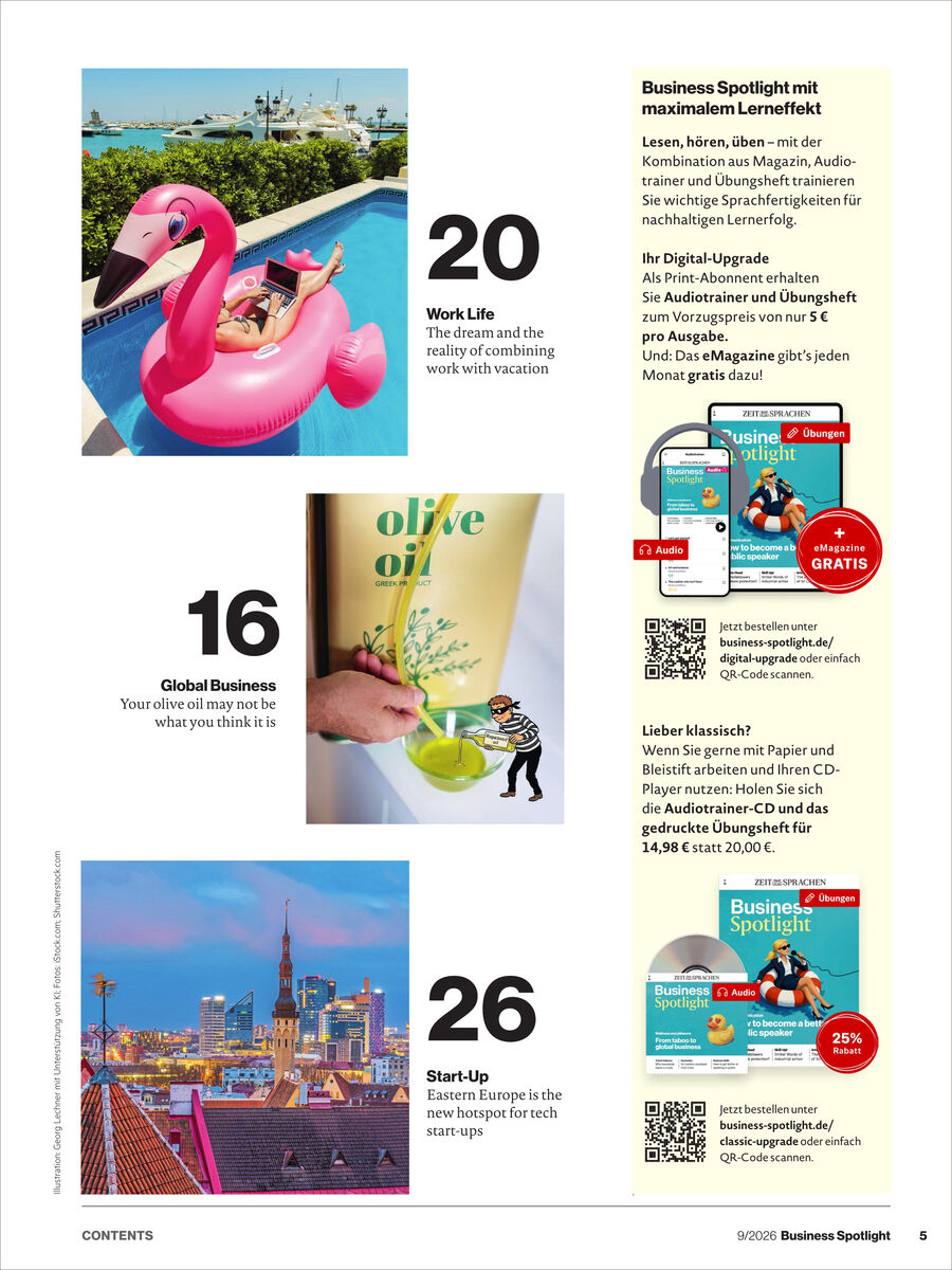 Magazinseite mit drei großen Bildern: Ein Pool mit pinkem Flamingo-Schwimmtier, eine Hand gießt Olivenöl auf Salat, und eine bunte Skyline. Daneben Text zu den Themen Work-Life-Balance, globale Wirtschaft und Start-Ups. Rechts Werbeanzeigen für Business Spotlight Ausgaben.