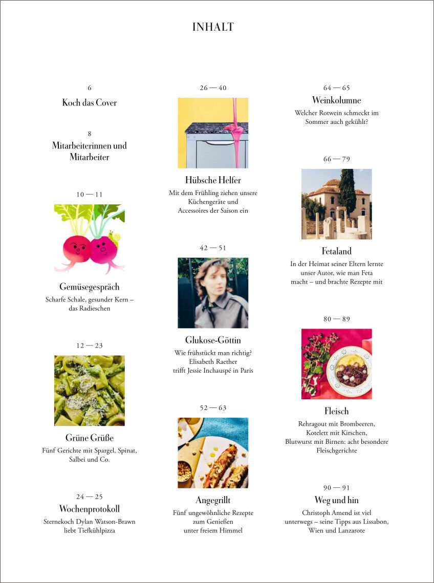 Inhaltsseite des ZEITmagazin WOCHENMARKT 6/24 mit Kategorien wie 'Wein', 'Kochen', 'Gärten', 'Gemüse' und Artikeln zu verschiedenen Themen, illustriert mit kleinen Bildern und Textdetails.