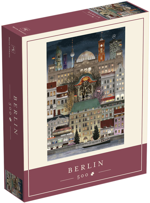 500-teiliges Puzzle von 'Weihnachten in Berlin' zeigt ein festlich beleuchtetes Stadtbild mit ikonischen Berliner Sehenswürdigkeiten und historischen Gebäuden.